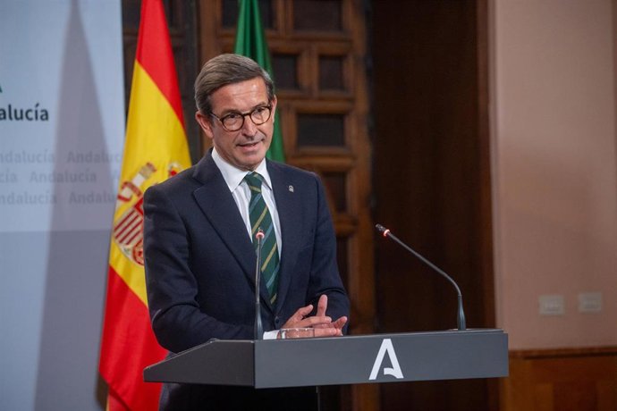 El consejero de Sostenibilidad, Medio Ambiente y Economía Azul de la Junta de Andalucía y portavoz del gobierno, Ramón Fernández-Pacheco durante la rueda de prensa tras el Consejo de Gobierno andaluz en el Palacio de San Telmo, a 19 de diciembre del 202