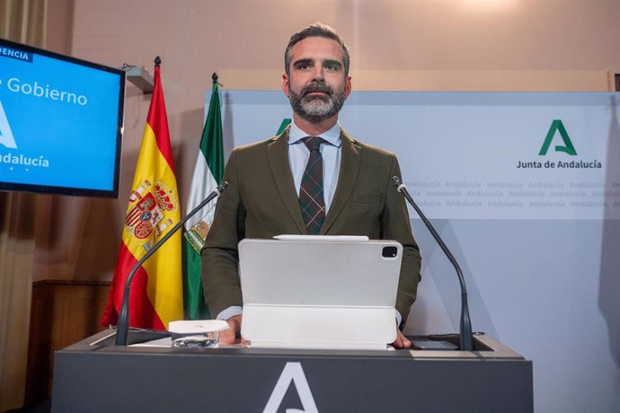 El consejero de Sostenibilidad, Medio Ambiente y Economía Azul de la Junta de Andalucía y portavoz del gobierno, Ramón Fernández-Pacheco durante la rueda de prensa tras el Consejo de Gobierno andaluz en el Palacio de San Telmo, a 19 de diciembre del 202