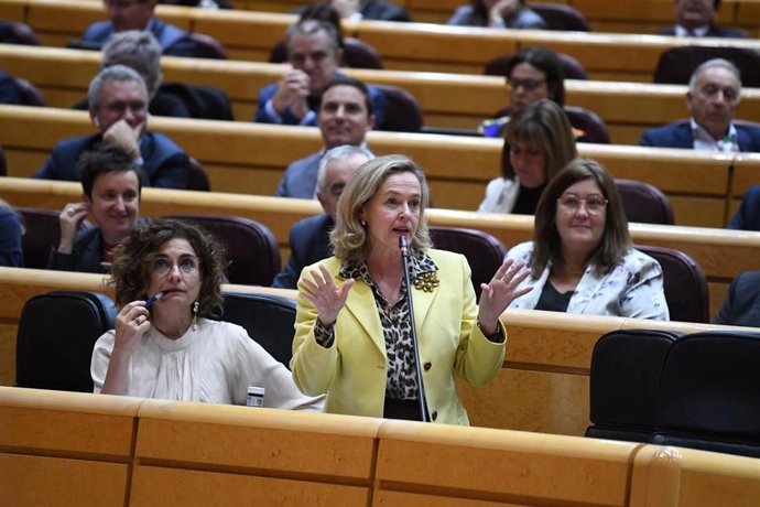 La vicepresidenta primera y ministra de Economía, Comercio y Empresa, Nadia Calviño, interviene durante un pleno en el Senado, a 19 de diciembre de 2023, en Madrid (España). El Gobierno de coalición PSOE-Sumar se enfrentan a las preguntas del Senado en 