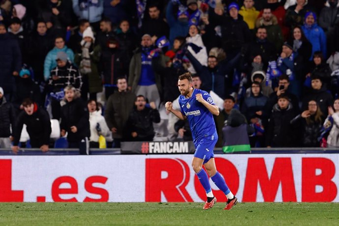 Borja Mayoral of Getafe CF celebrates a goal during the Sanish League, LaLiga EA Sports, football match played between Getafe CF and Valencia CF at Coliseum de Getafe on December 08, 2023, in Madrid, Spain.