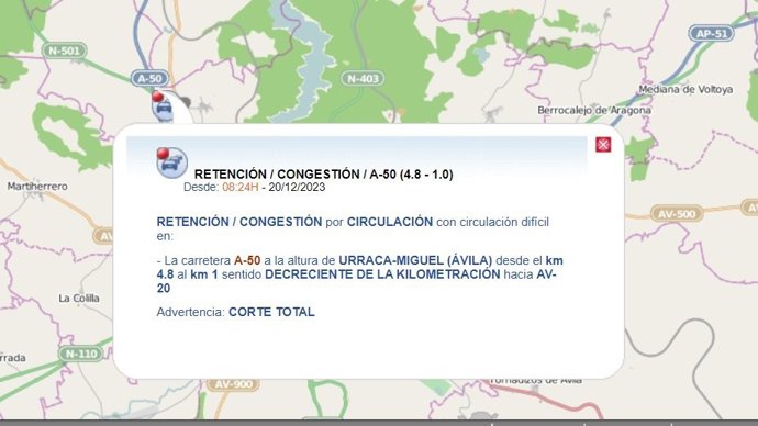 Gráfico elaborado por la DGT con datos sobre el corte de la circulación en la A-50 en Martiherrero