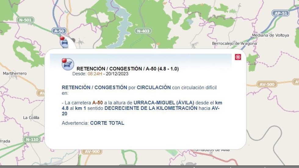 Gráfico elaborado por la DGT con datos sobre el corte de la circulación en la A-50 en Martiherrero