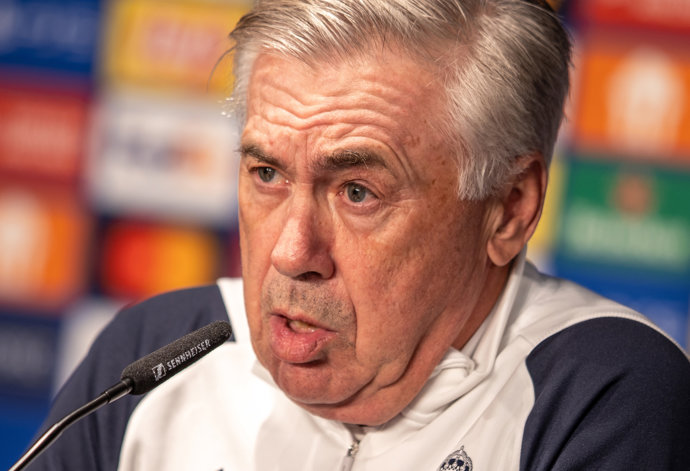 11 December 2023, Berlin: Real Madrid Coach Carlo Ancelotti attends a press conference at Olympiastadion ahead of the Tuesday's UEFA Champions League group C soccer match against 1. FC Union Berlin. Photo: Andreas Gora/dpa
