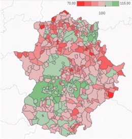 Mapa que acompaña al informe sobre el Índice sintético de influencia en el asentamiento de la población (ISIAP) de Extremadura.