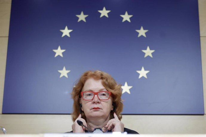 La eurodiputada Yana Toom en rueda de prensa en la Oficina del Parlamento Europeo este miércoles en Barcelona