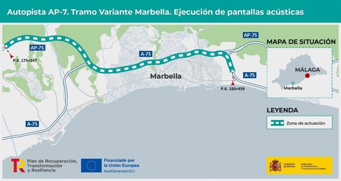 Mapa de situación de la zona donde se instalarán pantallas acústicas en la autopista AP-7 en el tramo de la Variante de Marbella.