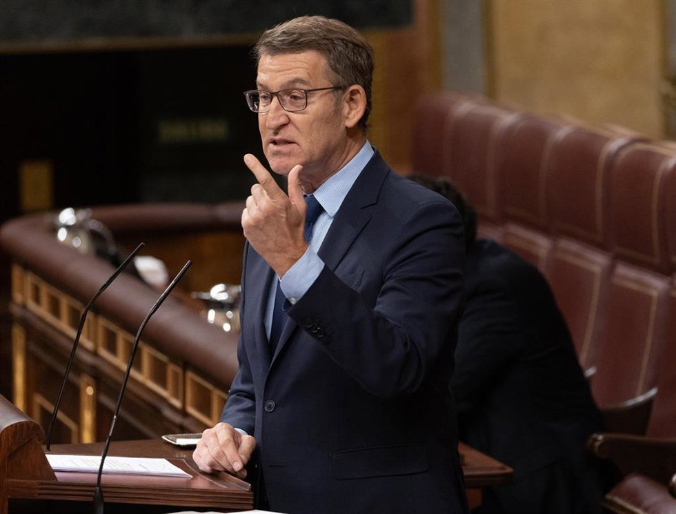 El líder del PP, Alberto Núñez Feijóo, interviene durante un pleno en el Congreso de los Diputados, a 20 de diciembre de 2023, en Madrid (España). Este es el último pleno de Nadia Calviño antes de abandonar el cargo para presidir el Banco Europeo de Inv