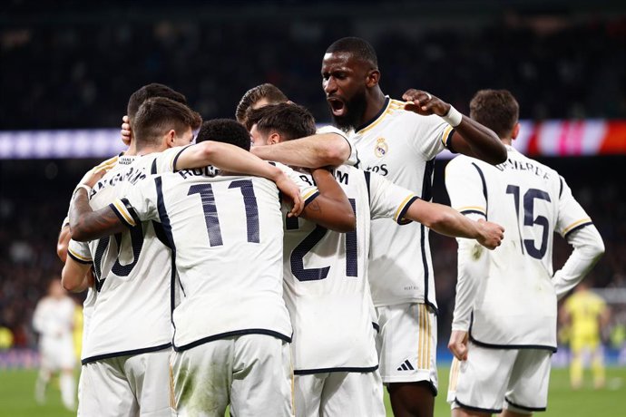 Brahim Diaz of Real Madrid celebrates a goal during the Spanish League, LaLiga EA Sports, football match played between Real Madrid and Villarreal CF at Santiago Bernabeu Stadium on December 17, 2023, in Madrid, Spain.