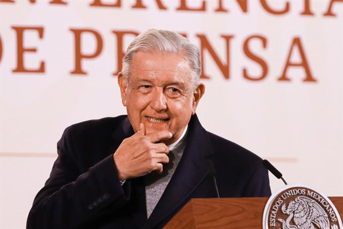 December 19, 2023, Mexico City, Munich, Mexico: December 19, 2023 in Mexico City, Mexico: Mexican President, Andres Manuel Lopez Obrador, speaks during his daily morning briefing conference in front of media at the National Palace.