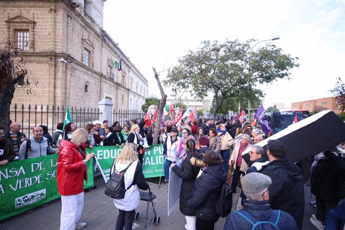 Con una ataúd, miembros de las mareas andaluzas de sanidad y educación protestan a las puertas del Parlamento de Andalucía,  a 20 de diciembre del 2023 en Sevilla  