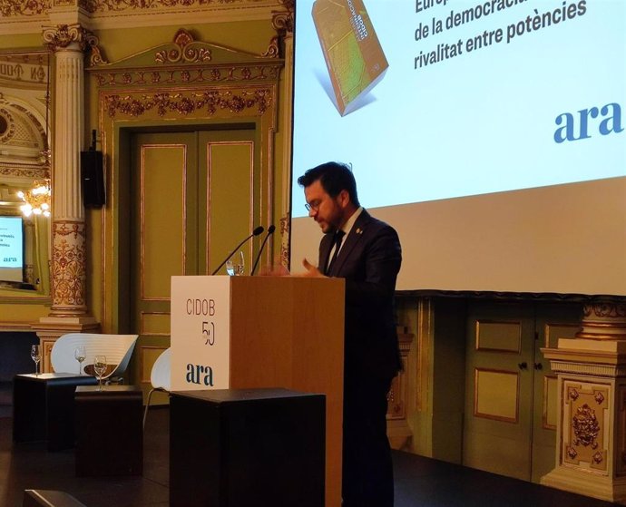 El presidente de la Generalitat, Pere Aragonès, en el acto de presentación del anuario internacional del Cidob