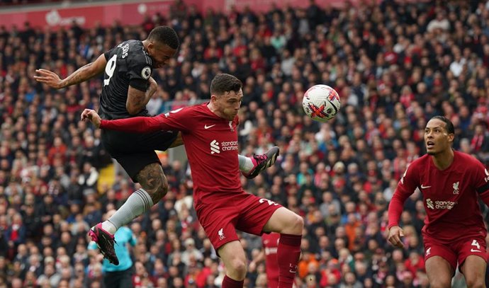 Archivo - 09 April 2023, United Kingdom, Liverpool: Arsenal's Gabriel Jesus scores his side's second goal during the English Premier League soccer match between Liverpool and Arsenal at Anfield. Photo: Nick Potts/PA Wire/dpa