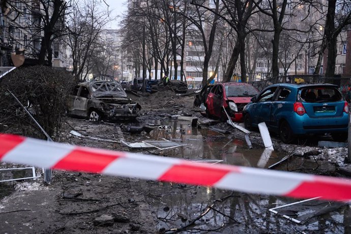 December 13, 2023, Kyiv, Ukraine: Cars damaged during a ballistic missile attack by the Russian army seen in Kyiv. On December 13, the Russian army attacked the capital of Ukraine with ballistic missiles. All ten missiles were shot down by air defense for