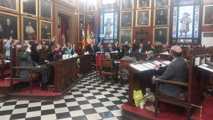 Momento de la aprobación de la moción para pedir la dimisión de la portavoz de MÉS per Palma, Neus Truyol, en la Sala de Plenos del Ayuntamiento de Palma.