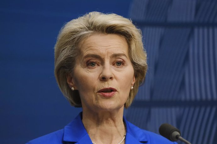HANDOUT - 15 December 2023, Belgium, Brussels: President of the European Commission Ursula von der Leyen speaks during a press conference during the second day of the EU Summit. Photo: Alexandros Michailidis/EU COUNCIL/dpa - ATTENTION: editorial use only 