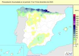 Las lluvias acumuladas en España en el año hidrológico hasta el 19 de diciembre superan en un 3% el valor normal