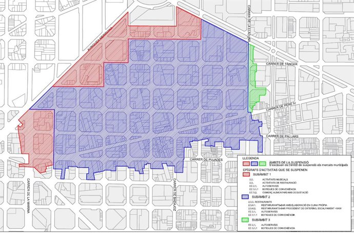 Área de la suspensión de licencias de la zona del Triangle Lúdic, del distrtio de Sant Martí.