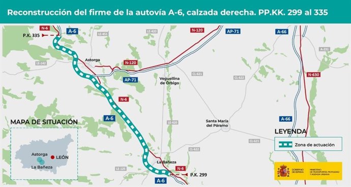 Transportes licita por doce millones las obras para rehabilitar la calzada derecha de la A-6, entre La Bañeza y Astorga