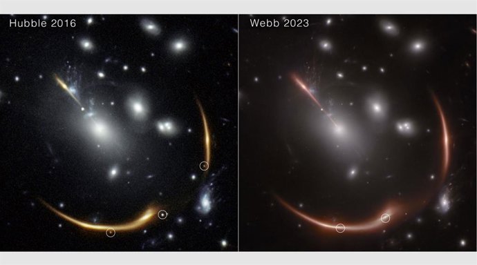 Comparativas de supernovas lentificadas en imágenes de Hubble y Webb