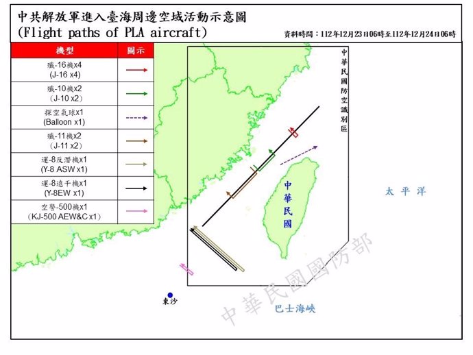 Mapa de las incursiones de cazas chinos en el espacio aéreo de Taiwán