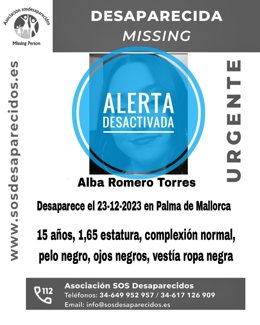 Cartel de la localización de la niña de de 15 años desaparecida en Palma