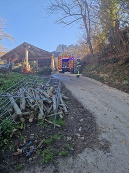 Bomberos de Cantabria sofocan un fuego en un árbol tras labores de poda y evitan que se propaguen a un pajar cercano y por la zona, en Vega de Liébana