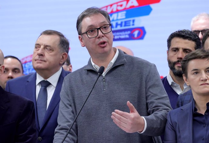BELGRADE, Dec. 18, 2023  -- Serbian President Aleksandar Vucic speaks during a press conference at the Serbian Progressive Party (SNS) headquarters in Belgrade, Serbia, on Dec. 17, 2023. Coalition around the ruling SNS won over 127 out of 250 seats at the