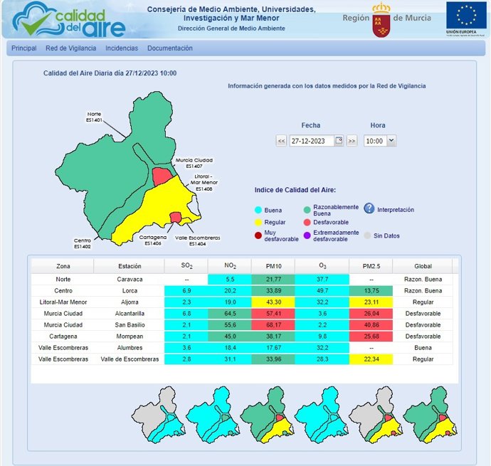 Imagen que muestra el índice de calidad del aire este miércoles