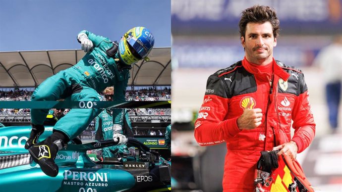 Los pilotos españoles de Fórmula 1 Fernando Alonso (Aston Martin) y Carlos Sainz (Ferrari).