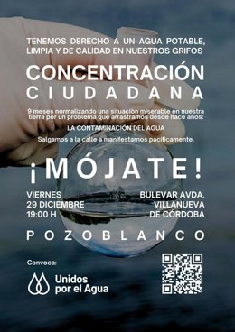 Cartel de la concentración convocada por Unidos por el Agua en Pozoblanco para reclamar el 'derecho a un agua potable, limpia y de calidad' en los grifos del Norte de Córdoba.