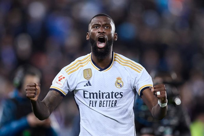 Antonio Rudiger of Real Madrid CF reacts to the supporters after the LaLiga EA Sports match between Deportivo Alaves and Real Madrid CF at Mendizorrotza on December 21, 2023, in Vitoria, Spain.