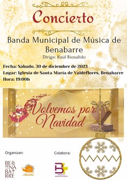 Cartel del concierto 'Volvemos por Navidad' de la Banda Municipal de Música de Benabarre.