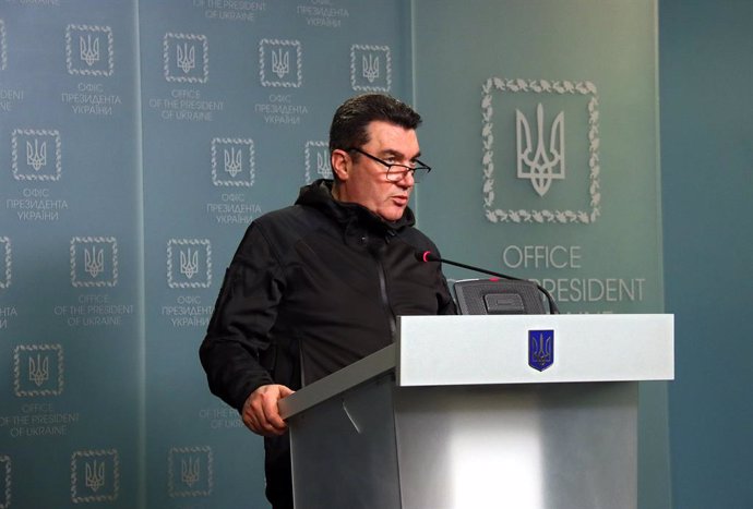 February 21, 2022, Kyiv, Ukraine: KYIV, UKRAINE - FEBRUARY 21, 2022 - Secretary of the National Security and Defense Council of Ukraine Oleksii Danilov speaks during the briefing on the results of the NSDC meeting, Kyiv, capital of Ukraine