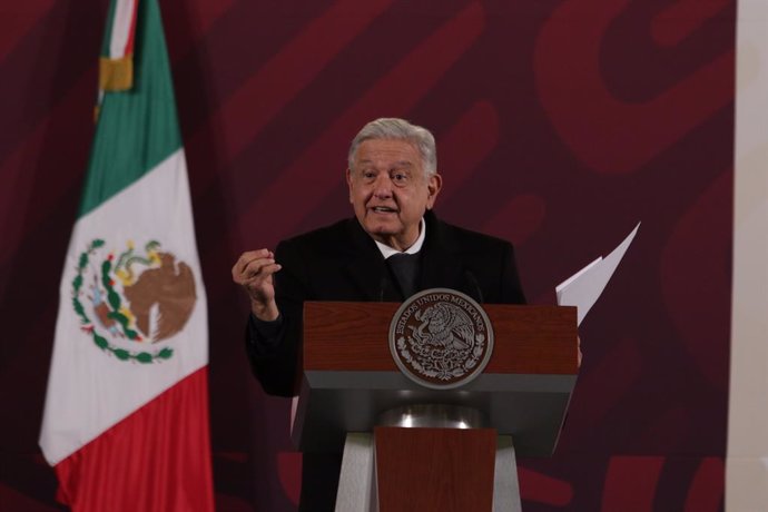 December 21, 2023, Mexico City, Mexico: Mexico City, Mexico, on December 21, 2023: Mexico's President, Andres Manuel Lopez Obrador, is gesticulating while speaking during the daily briefing conference at the National Palace.