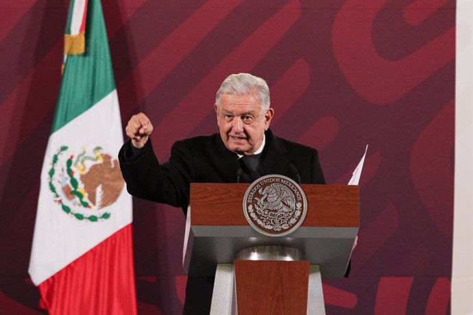 December 22, 2023, Mexico City, Munich, Mexico: December 21, 2023, Mexico City, Mexico: Mexico's President, Andres Manuel Lopez Obrador ( MORENA ), gesticulates while speak during the daily press briefing conference at National Palace.