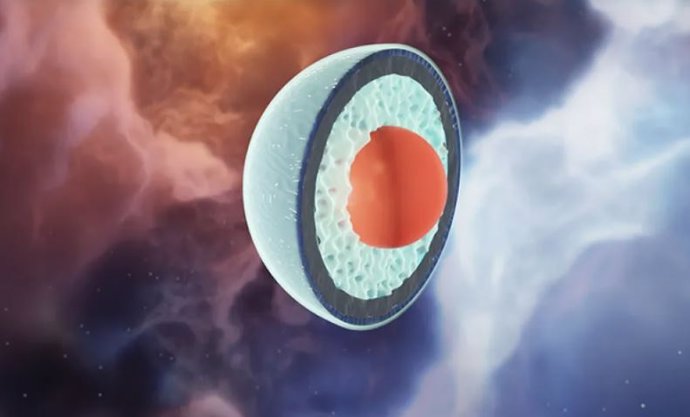 Impresión artística de las diferentes capas dentro de una estrella de neutrones masiva, con el círculo rojo representando un núcleo considerable de materia de quarks.