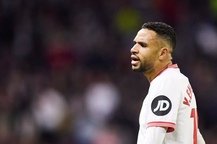 Youssef En-Nesyri of Sevilla FC protests during the Spanish league, LaLiga EA Sports, football match played between Sevilla FC and Getafe CF at Ramon Sanchez-Pizjuan stadium on December 16, 2023, in Sevilla, Spain.