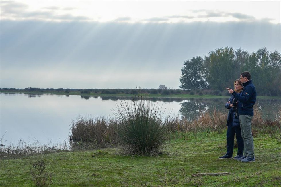 Archivo - El presidente de la Junta de Andalucía, Juanma Moreno, conversa con la ministra de Transición Ecológica y Reto Demográfico, Teresa Ribera, durante la visita al Parque Nacional de Doñana. A 27 de noviembre de 2023, en Almonte, Huelva (Foto de a