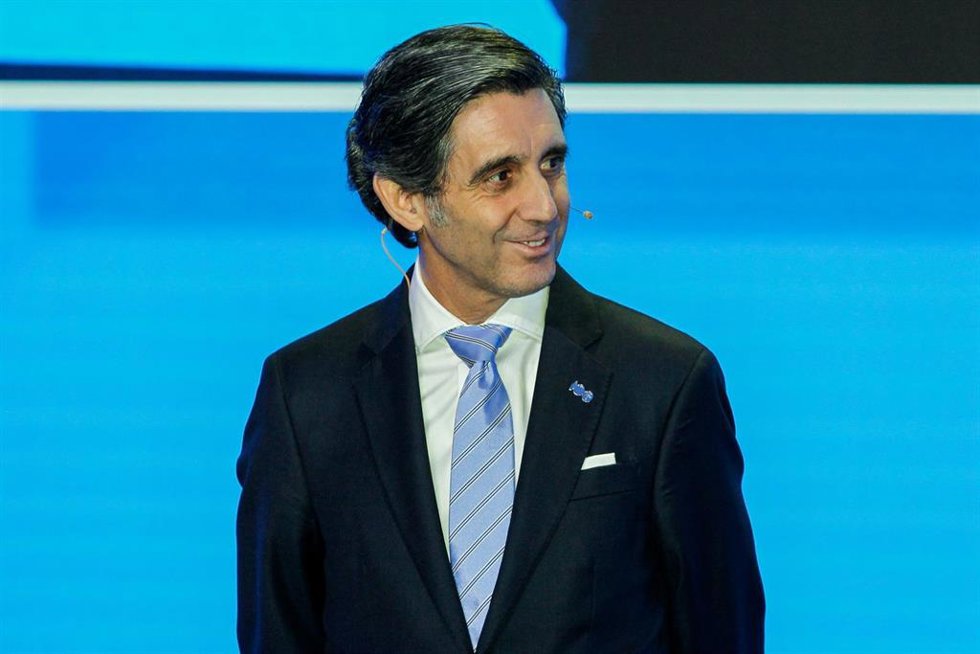 Jose Maria Alvarez-Pallete, President of Telefonica, looks on during the presentation of Movistar Team for the 2024 cycling season celebrated at Movistar headquarters on December 21, 2023, in Madrid, Spain.