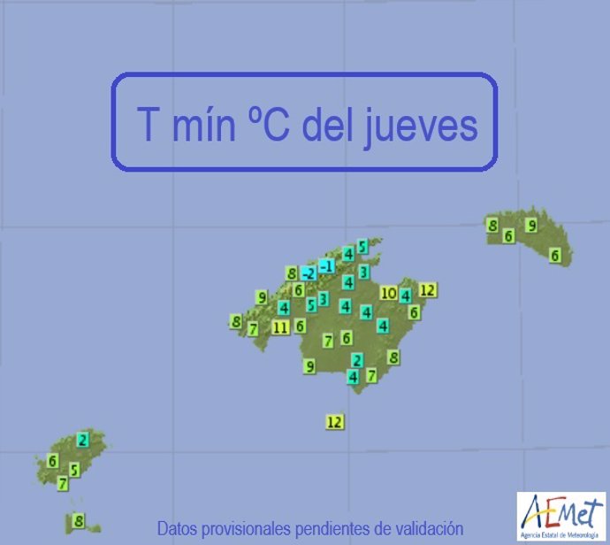 Mapa de temperaturas mínimas en Baleares, a 28 de diciembre de 2023.