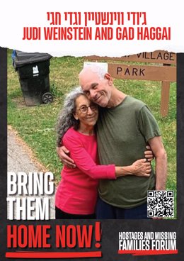 December 19, 2023, Jerusalem, Israel: Poster shows hostage JUDI WEINSTEIN and GAD HAGGAI held by Hamas since Oct 7. Online Forum 'BRING THEM HOME NOW' is demanding the safe return of all citizens who have been taken hostage by Hamas. The Forum is voluntee