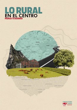 Cartel de la campaña de IU-Convocatoria por Oviedo 'Lo rural en el centro. Piensa tu barrio'.