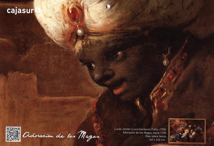 Un detalle de la 'Adoración de los Magos', obra de Lucas Jordán que ilustra el mes de diciembre en el almanaque de Cajasur para 2024.