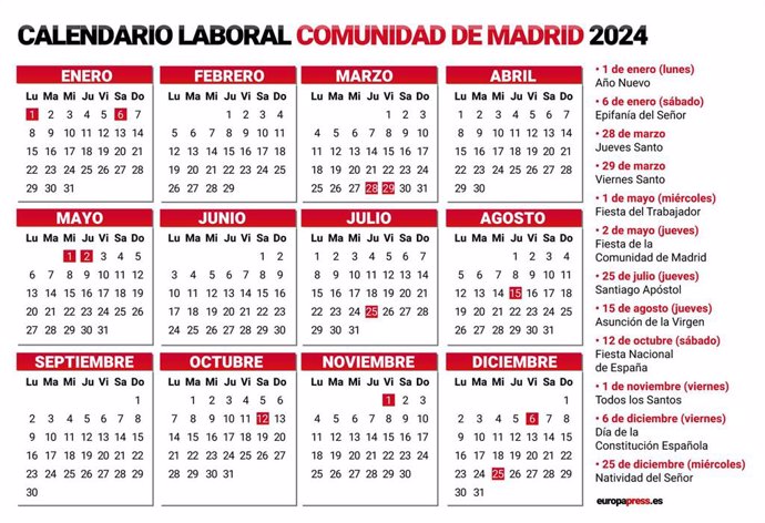 Archivo - Calendario laboral de la Comunidad de Madrid para el año 2024 con festivos. La Comunidad de Madrid ha aprobado este miércoles, mediante un acuerdo del Consejo de Gobierno, el decreto que establece el calendario laboral en la región para el año