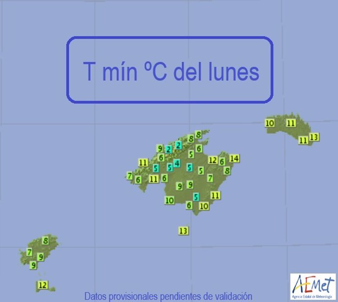 Mapa de temperaturas mínimas en Baleares, a 1 de enero de 2024.