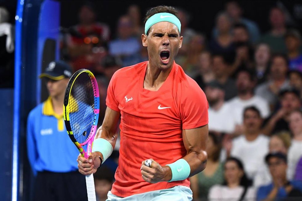 Rafael Nadal of Spain in action against Dominic Thiem of Austria during their match on Day 3 of the 2024 Brisbane International at the Queensland Tennis Centre in Brisbane, Tuesday, January 2, 2024. (AAP Image/Jono Searle) NO ARCHIVING, EDITORIAL USE ON