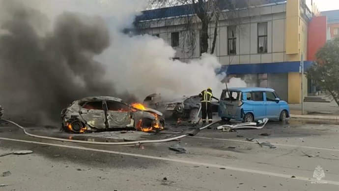 MOSCOW, Dec. 31, 2023  -- This screen capture from a video released by Russian Ministry of Emergency Situations on Dec. 30, 2023 shows rescuers working at the site of Ukrainian shelling attacks in Russian border city of Belgorod. The Ukrainian shelling 