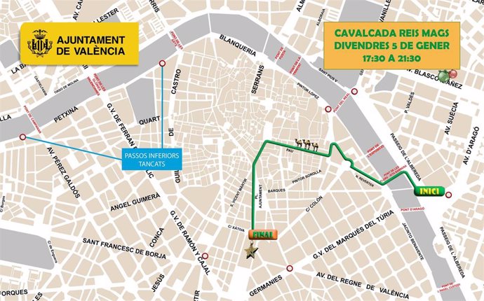 Zona por la que discurrirá la Cabalgata en València