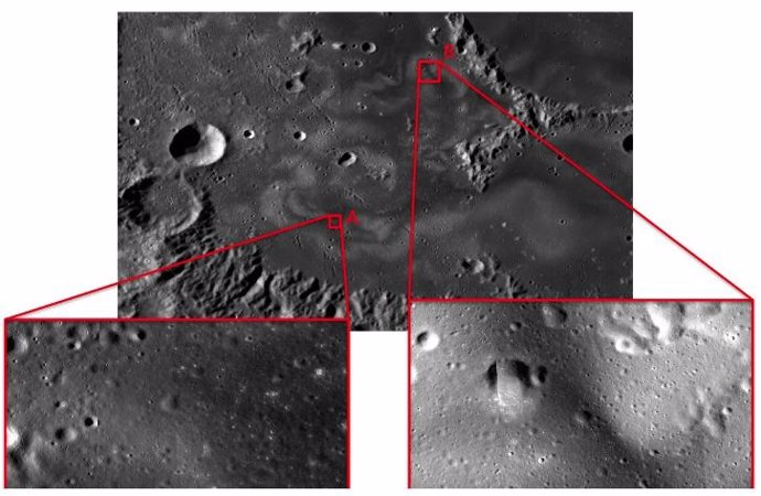 Dos áreas en la región del remolino de Mare Ingenii examinadas por el equipo de PSI. El cráter en el centro de la imagen superior está a 162 de longitud y -35 de latitud.