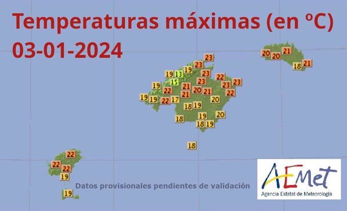 Mapa de temperaturas máximas en Baleares, a 3 de enero de 2024.